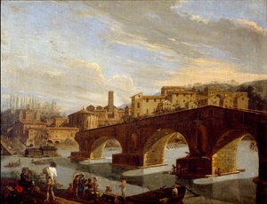 Widok Tybru na wysokości mostu łamanego w Rzymie Obraz Gaspare Vanvitelli (Gaspar van Wittel, Caspar Van Vitelli) (1653-1736) Wymiary 39,5x51 cm Mediolan, Galleria d