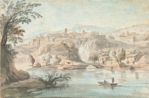 Krajobraz w Tivoli, 1701-10 (długopis, brązowy tusz i kolorowe rozmycia na papierze) autorstwa Gaspar van Wittel