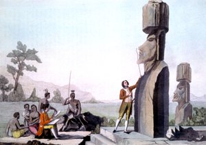La Perouse ze swoją załogą, mierzący posągi na Wyspie Wielkanocnej (1786), grawerowanie autorstwa Gaspard (after) Duche de Vancy