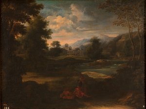 Dughet - Pejzaż z trzema postaciami, 1648-1650 autorstwa Gaspard Dughet