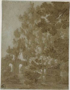 Widok na zrujnowane łuki i grobowiec w Villa Borghese autorstwa Gaspard Dughet