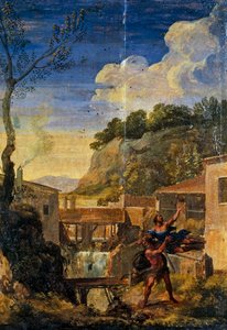 Wieś z Herkulesem i Anteuszem (olej na płótnie) autorstwa Gaspard Poussin (school of) Dughet