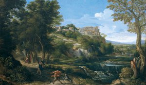 Pejzaż przedstawiający tańczącego fauna i nimfę 1667-1668, autorstwa Gasparda Dugheta (1615-1675)