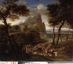 „Pejzaż z grupą podróżników” (Pejzaż z karawaną) Obraz Gasparda Dugheta (1615-1675) XVII-wieczny Państwowy Skansen Pałac Gatchina, Sankt Petersburg autorstwa Gaspard Poussin Dughet