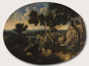 Skalisty krajobraz z myśliwymi, ok. 1635 autorstwa Gaspard Poussin Dughet