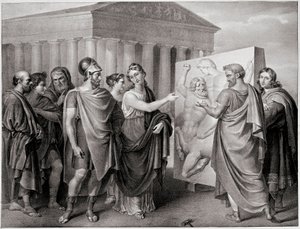 Ateński polityk Perykles (495-429 pne) i Aspazja, jego towarzysz, kierują pracą Fidiasza dla Partenonu w Atenach (Perykles i Aspazja kierują pracą Fidiasza dla Partenonu w Atenach) Grawerowanie według obrazu Gaspare Landiego (1756-1830). 19. autorstwa Gaspare Landi