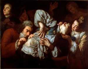 Rany Ranny mężczyzna jest badany przez lekarza i uspokaja przez młodą kobietę. Obraz Gaspare Traversi (ok. 1722-1770). ok. 1752 r. Słońce. 100x127 cm Galleria dell