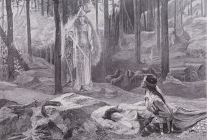 Objawienie (Brunnhilda odkrywa Sieglindę i Siegmunda) (lito) autorstwa Gaston Bussiere