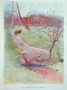 Zając i żółw, ilustracja z Bajek Jeana de la Fontaine (1621-95) początek XX wieku