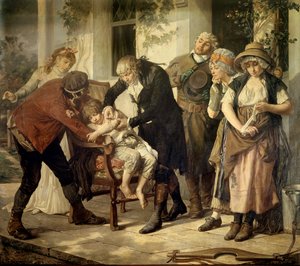 Pierwsze szczepienie Edwarda Jennera (1749-1823), brytyjskiego lekarza, który odkrył szczepionkę przeciwko ospie Malarstwo Gastona Melingue (1840-1914) 1796 Paryż, akademia lekarska