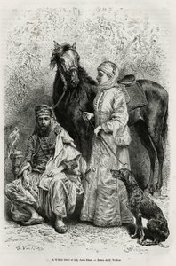Portrety Wilfrida Blunta (1840-1922), poety i pisarza, oraz jego żony, Lady Anny Blunt (z domu King Noel (King Noel) 1837-1917), pierwszej Europejki, która zwiedziła Bliski Wschód, ubrana w podróżny garnitur , przed jednym z koni arabskich w ich stajniach autorstwa Gaston Vuillier