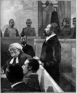 Proces egipskiej Arabi Paszy (Orabi Pasha, Ahmed Urabi) (1841-1911), organizatora antyeuropejskich zamieszek w Aleksandrii w czerwcu 1882 r. Grawer Vuilliera w „Le Monde Illustré” nr 1343 z 13 grudnia 1882 r. .