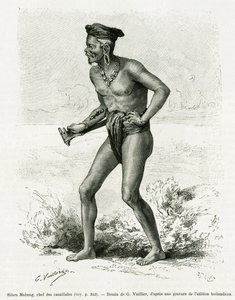 Sibou Mobang, głowa kanibali. Grawer G. Vuillier, ilustrujący historię De Koutei a Bandjirmasin, podróż przez Borneo, Carla Bocka, in le tour du monde 1890, reżyseria Edouard Charton (1807-1890), Hachette, Paryż. autorstwa Gaston Vuillier