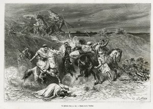 Ghazou, czyli razzia, plądrują ręką. Grawer G.Vuillier, ilustrujący historię „”Pelerinage au Nedjed, kolebka rasy arabskiej””, autorstwa Lady Anny Blunt, w latach 1878-1879, opublikowany w Tour du monde, pod kierownictwem Edouarda Chartona (1807-