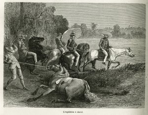 Wyprawa konna w celu eksploracji doliny Terable, rycina wg rysunku G.Vuilliera, ilustrująca opowiadanie De Cayenne aux Andes, autorstwa Julesa Crevaux, doktora marynarki francuskiej, w latach 1878-1879, opublikowanej w tournée du monde, unde autorstwa Gaston Vuillier