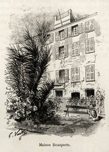 Fasada domu Bonaparte, w którym nie ma Napoleona Bonaparte (1769-1821). Grawer i opowiadanie „La Corse” Gastona Vuilliera (1845-1915), w 1890 r. w Le tour du monde, nouveau journal des voyages, pod kierunkiem Edouarda Chartona (1807-189) autorstwa Gaston Vuillier