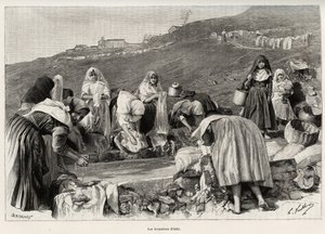 Lawenda z Osilo (Włochy), kobiety zebrały się wokół basenu. Grawer i opowiadanie „La Sardaigne” Gastona Vuilliera (1845-1915), w 1890 r. w Le tour du monde, nouveau journal des voyages, pod kierunkiem Edouarda Chartona (1807-1890), 2. semestr autorstwa Gaston Vuillier