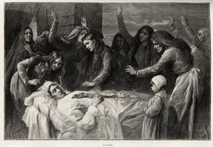 Vocero, korsykańska piosenka funebre wzywająca do zemsty. Grawer i opowiadanie „La Corse” Gastona Vuilliera (1845-1915), w 1890 r. w Le tour du monde, nouveau journal des voyages, pod kierunkiem Edouarda Chartona (1807-1890)