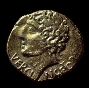 Galijski złoty stater (Arvernes) ma wizerunek Wercyngetoryksa (72-46 pne) wydany w 52 pne. Paryż, B.N.