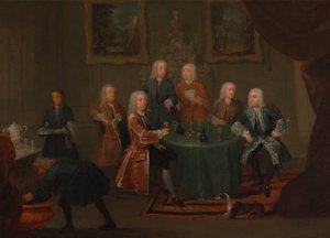 Bracia Clarke z innymi dżentelmenami biorącymi wino, między 1730 a 1735 rokiem.
