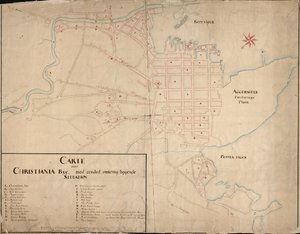 Norweski bokmål: Mapa z kolekcji map Biblioteki Narodowej. Mapa została opublikowana w Håndtegnet (1649) i pokazuje Christiania autorstwa Geelkerck