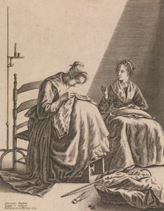 Szycie dwóch kobiet, płyta 1 z pięciu kobiecych zawodów, ca. 1640-57. autorstwa Geertruydt Roghman