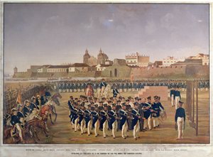 Rozstrzelanie Pantaleona Germana de Ribon i jego 8 towarzyszy w Cartagena 24 lutego 1816 r. (kolorowe grawerowanie) autorstwa Generoso Jaspe
