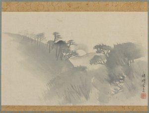 Krajobraz ze wzgórzem, drzewami i wschodem księżyca, okres Edo, 1747-1868. autorstwa Genki