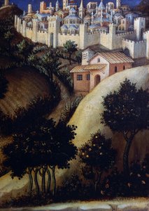 Adoracja Ołtarza Trzech Króli, fragment środkowego panelu predelli w Egipcie autorstwa Gentile da Fabriano