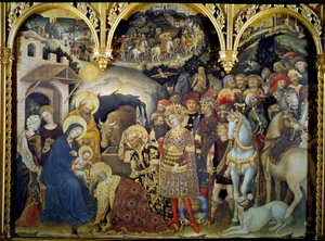 Adoracja Trzech Króli z Detrempe na drewnie przez Gentile da Fabriano (1370-1427) 1423. Nd. 3x2,8 m Florencja, galeria Uffizi. autorstwa Gentile da Fabriano