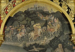 Adoracja Trzech Króli detal podróży do Jerozolimy, 1423 tempera na fragmencie tablicy z 29414 autorstwa Gentile da Fabriano