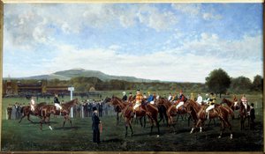 Wyjazd w Longchamp wydany przez barona Foya w 1877 r. Ustawienie koni na początku wyścigu na torze wyścigowym. Obraz Geo Arnull (XIX wiek) 1877. Paryż, zachęta Societe autorstwa Geo Arnull