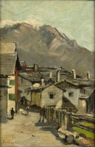Domy przy drodze w pobliżu góry (Innsbruck?) autorstwa Geo Poggenbeek