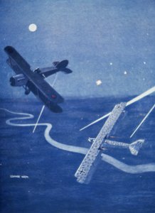 Myśliwiec Bristol atakuje niemiecki bombowiec Gotha nad Londynem nocą (kolor lito) autorstwa Geoffrey Watson