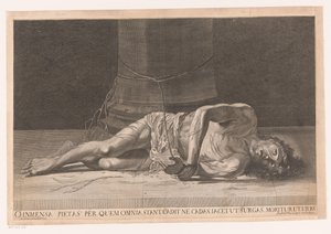 Chrystus na geseling O ogromne miłosierdzie, nad którym wszystko stoi, upada, abyś nie upadł, kładzie się, abyś mógł powstać, umiera, abyś mógł żyć (tytuł na przedmiocie) autorstwa Georg Andreas Wolfgang