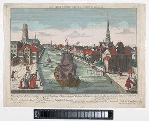 Widok na Wester Oude Hoofdpoort i Ooster Oude Hoofdpoort w Rotterdamie Prospect der Ost Maas Port, gegen der S.Lorenzen Kirch zu Roterdam (tytuł na obiekcie) Rotterdam (tytuł serii) autorstwa Georg Balthasar Probst