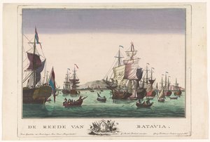 Widok na port w Batavii Reda Batawii (tytuł na obiekcie) Widoki na port (tytuł serii) autorstwa Georg Balthasar Probst