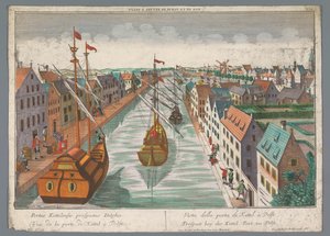 Widok na kanał w pobliżu Ketelpoort w Delft Prospect bey der Kettel Port, zu Delft (tytuł na obiekcie) Delft (tytuł serii) autorstwa Georg Balthasar Probst
