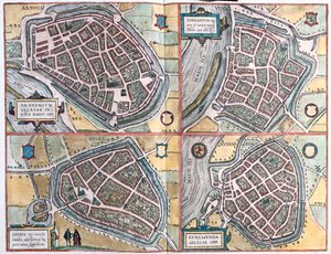 Arnhem, Geltre, Venlo, Roermond - Holandia - w "Civitates Orbis Terrarum" Georga Brauna, Kolonia 1617 r. autorstwa Georg Braun