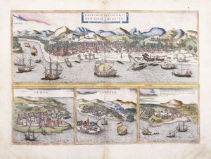 Widok na Kalkutę w Indiach i pod mniejszymi widokami Ormuz przy wejściu do Zatoki Perskiej, Canonor w Indiach i portugalską fortecę El Mina w Afryce Zachodniej, 1572