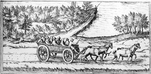 Autokar z pasażerami we Francji, fragment mapy, koniec XVI w.