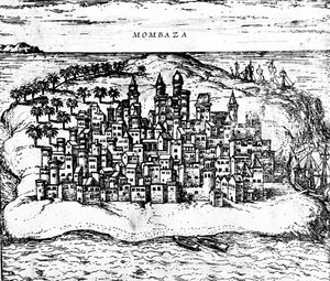 Widok Mombaza, z Georg Brauns Civitates orbis terrarum, wydany w 1572 roku, rycina nr 483404. autorstwa Georg Braun und Franz Hogenberg