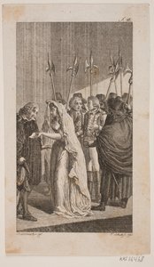 Ilustracja młodej damy dającej list do starszego mężczyzny. W tle dwóch panów w otoczeniu strażników miejskich autorstwa Georg Christian Schule