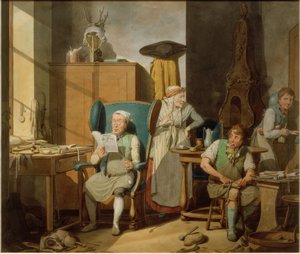 Rodzina szewca w warsztacie autorstwa Georg Emanuel Opitz
