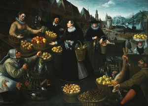 Alegoria jesieni: stragan z owocami i warzywami nad Weinmarktem we Frankfurcie,