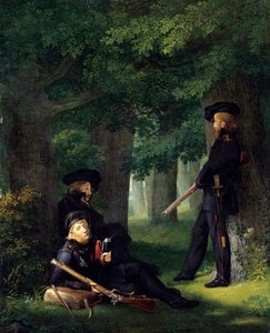 „Osady” (Służba placówki) (Portrety Theodora Koernera (1791-1813, pruski poeta i żołnierz), Karla Friedricha Friesena (1784-1814, pedagog i indywidualista) i Heinricha Hartmanna)Obraz Georga Friedricha Kerstinga (1785- 1847) 1815 Wym. 46x35 cm