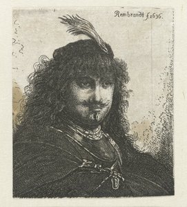 Autoportret (?) z czapką z pióropuszem i obniżoną szablą autorstwa Georg Leopold Hertel