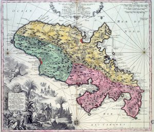 Szczegółowa mapa wyspy Martynika w Indiach Zachodnich. Grawerowanie: Matthew Seutter (1678-1757) XVIII-wieczne Chartres, Musee des Beaux Arts