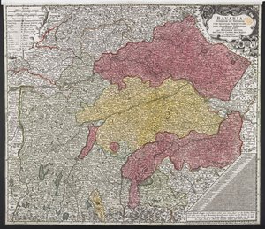 Mapa Bawarii, ok. 1757 (kolorowy grawerunek) autorstwa Georg Matthäus Seutter
