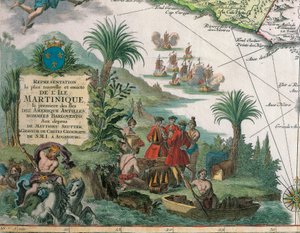 Mapa Martyniki stworzona przez Matthieu Seuttera, szczegóły: Kupcy i Indianie rdzenni Amerykanie autorstwa Georg Matthäus Seutter